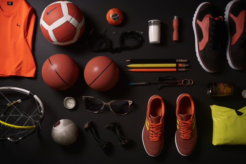composition with neatly arranged and organized sport items