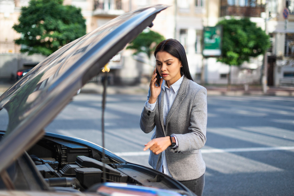 woman talking on the phone while her car broke down